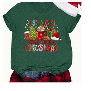 Print Crew Neck T-Shirt Casual Short Sleeve Top Just a Girl Who Loves Christmas